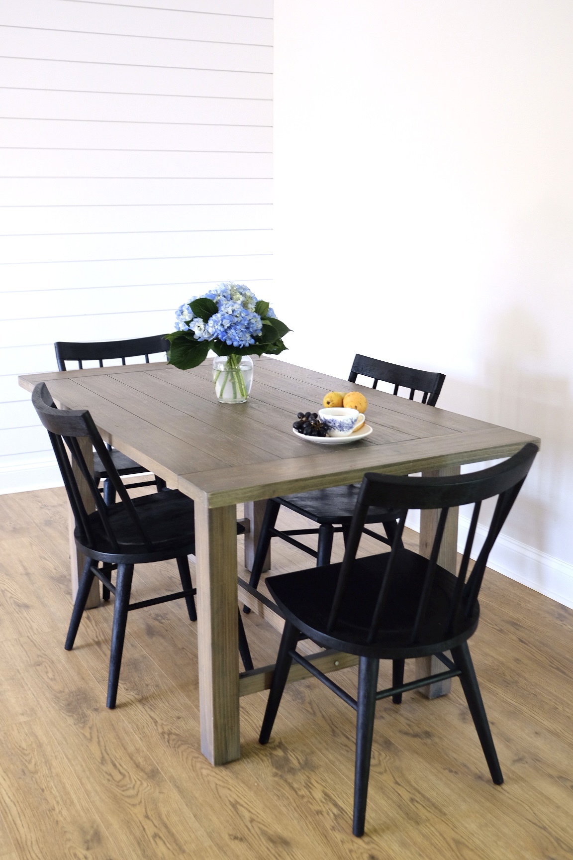 Lifestyle Blogger Chocolate and Lace shares her farmhouse style dining table and chairs